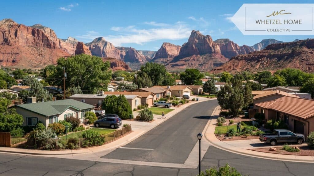 A scenic, photorealistic view of a quiet, budget-friendly residential neighborhood nestled in a valley with majestic red rock formations in the background. Clear blue sky, mid-day lighting, vibrant natural colors, crisp details, showcasing a peaceful suburban environment.