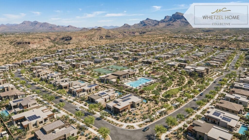 A highly detailed architectural rendering of a master-planned community in the desert. Neatly arranged modern residential homes with drought-tolerant landscaping, bright sunny day, photorealistic, aerial perspective.