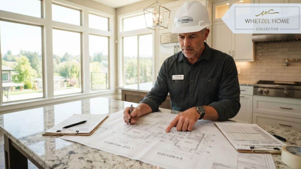 A close-up of a professional home builder in a hardhat reviewing architectural blueprints and construction documents on a pristine modern kitchen island with granite countertops, bright natural light streaming through large windows, photorealistic, professional real estate setting.