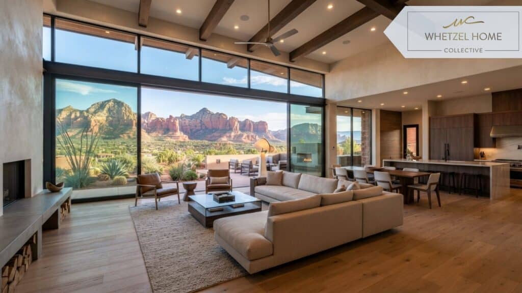 A bright, inviting interior of a newly constructed modern home's open-concept living room, featuring panoramic floor-to-ceiling windows overlooking desert red rocks, minimalist contemporary furniture, warm natural sunlight, wide plank hardwood floors, high ceilings, photorealistic architectural photography, ultra-detailed.