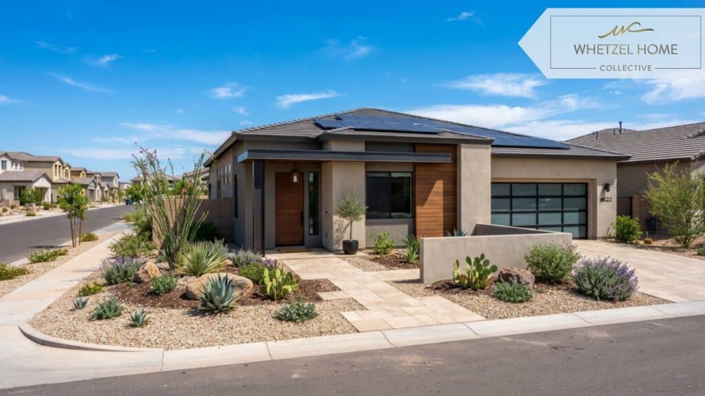 A photorealistic front-exterior view of a newly built, energy-efficient family home in a suburban desert neighborhood under a bright blue sky. The house features modern stucco walls, a low-pitch roof with discrete solar panels, and a neat, drought-tolerant front yard with crushed gravel, desert shrubs, and a paved walkway. High resolution, crisp daylight, welcoming and vibrant atmosphere.