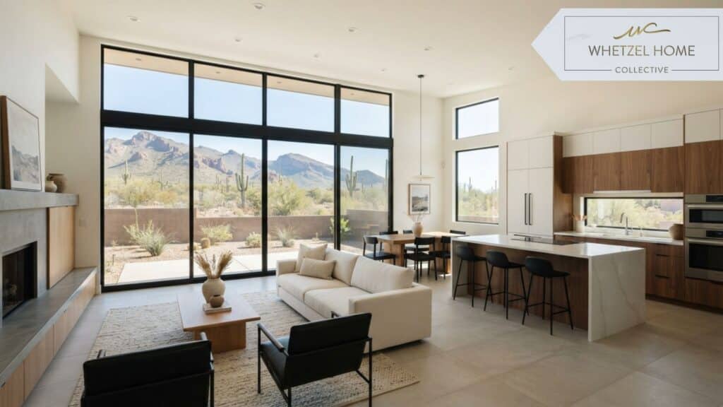 A bright, modern open-concept living room and kitchen in a newly built home, minimalist contemporary furniture, large floor-to-ceiling windows showing desert landscapes, natural daylight, photorealistic interior design, neutral color palette with warm wood accents.