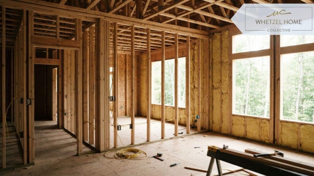 A photorealistic interior shot of a modern residential construction site in the framing stage. Exposed wooden studs, yellow fiberglass insulation batts, and newly installed electrical wiring are visible. Soft natural light pouring through large unfinished window openings, emphasizing the structural bones of the house.