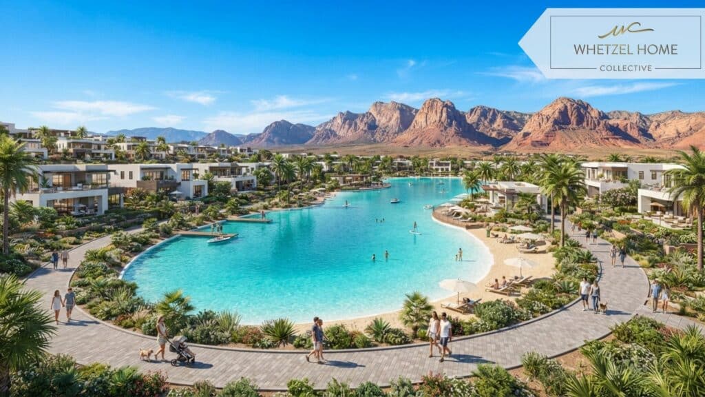A large turquoise community lagoon surrounded by modern white-stucco homes, people walking on paved paths, distant red mountains, bright sunny day, photorealistic architectural rendering style, vibrant colors, clear blue sky.