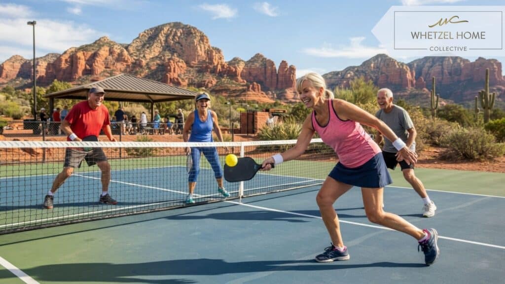 Active seniors playing pickleball on a modern outdoor court, bright sunny day, vibrant red rock mountains in the distance, active and healthy lifestyle, photorealistic, dynamic composition, warm natural lighting, high resolution