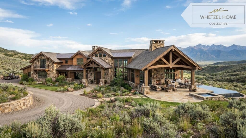 An expansive luxury ranch home in a high-desert valley, featuring natural stone facades, exposed timber beams, and a large covered outdoor patio. The property is surrounded by sagebrush and native grasses, shot in bright daylight, architectural photography style, 8k resolution.