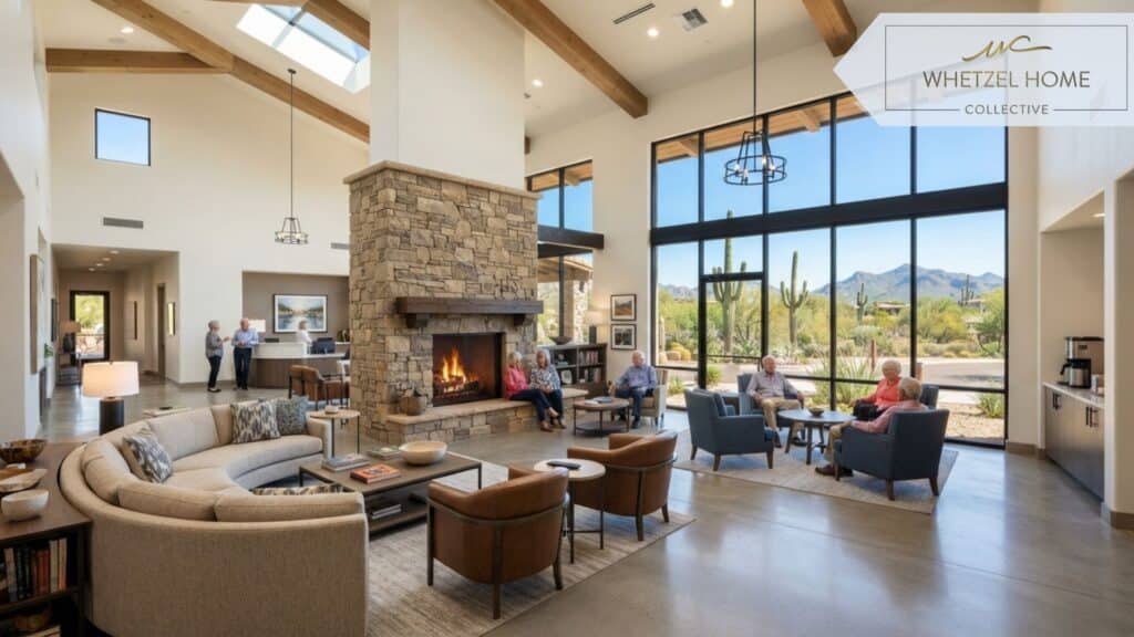 A bright, modern indoor community center in an active adult neighborhood, featuring high ceilings, floor-to-ceiling windows overlooking desert landscaping, contemporary lounge furniture, a grand stone fireplace, photorealistic style, warm natural lighting, high resolution.
