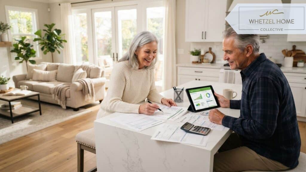 A senior retired couple sitting at a modern quartz kitchen island, reviewing financial planning documents and a tablet, open-concept living area in the background with bright natural sunlight streaming in, soft neutral colors, photorealistic lifestyle photography, optimistic and focused mood.