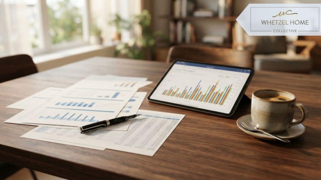 A close-up, high-quality photorealistic image of an elegant wooden dining table with neatly organized financial documents, a modern tablet showing a bar chart, a sleek pen, and a warm cup of coffee. Morning sunlight casting soft shadows across the table. Shallow depth of field, professional corporate lifestyle photography, no text.