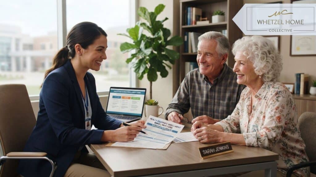 A photorealistic portrait of an attentive healthcare professional discussing insurance paperwork with a smiling senior couple across a modern desk. The office is bright and professional with subtle warm tones, indoor plants, and natural lighting. Cinematic lighting, highly detailed, lifestyle medical setting, 8k resolution.