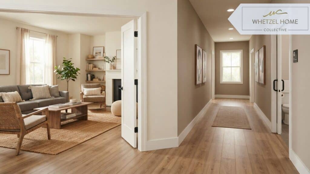 A modern, accessible home interior showcasing 36-inch wide doorways and a seamless transition between a bright living room and hallway, luxurious luxury vinyl plank flooring, soft natural lighting, contemporary warm tones, photorealistic style.