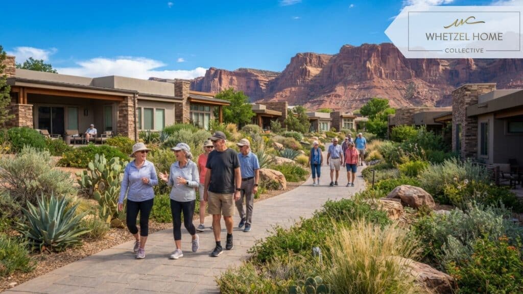 A photorealistic wide shot of active seniors enjoying a sunny outdoor walking path at a modern independent living community, bright blue sky, manicured desert landscaping, red sandstone cliffs in the distant background, warm and inviting atmosphere, no text.
