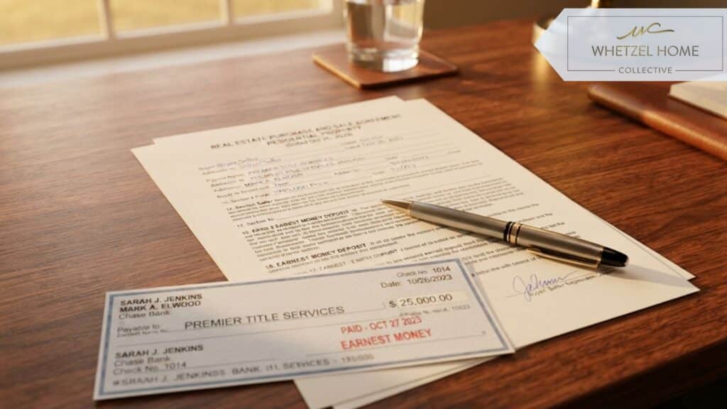 A close-up photorealistic image of a professional real estate purchase contract on a rich mahogany desk, illuminated by soft golden hour light. A luxury metallic pen lies across the paper, and a stamped earnest money deposit check is visible at the corner. High detail, shallow depth of field, professional business aesthetic, no text overlays.