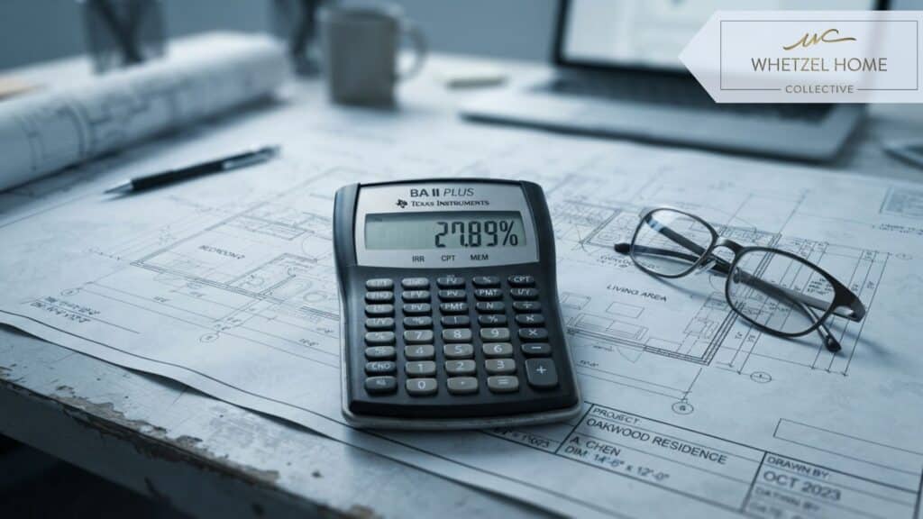 A close up shot of a modern financial calculator displaying a large percentage number, resting on top of unfolded housing blueprints beside a pair of reading glasses, soft focus background, photorealistic style, cool analytical tones.
