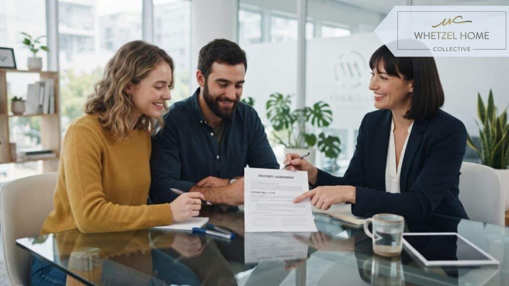 A photorealistic, high-resolution image of a young millennial couple sitting across from a professional female real estate agent at a clean, modern glass desk. The agent is smiling gently and pointing at a specific clause on a document. Soft, diffused indoor lighting, contemporary office setting, natural expressions, no text or logos, warm and optimistic mood.