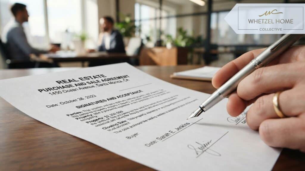 A close-up, photorealistic image of a legal real estate document on a polished desk, a silver pen poised above the signature line, sharp focus on the crisp white paper and elegant typography, blurred background of a modern office setting, bright overhead natural lighting, professional and trustworthy mood.