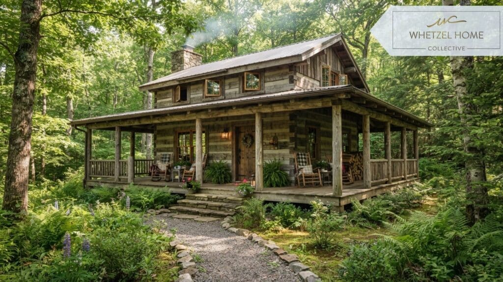 An exterior shot of a classic log cabin built with heavy timber, featuring a wide wrap-around porch with wooden rocking chairs. Set in a lush forest clearing, dappled sunlight filtering through the canopy, inviting and peaceful atmosphere, photorealistic, crisp 8k resolution.