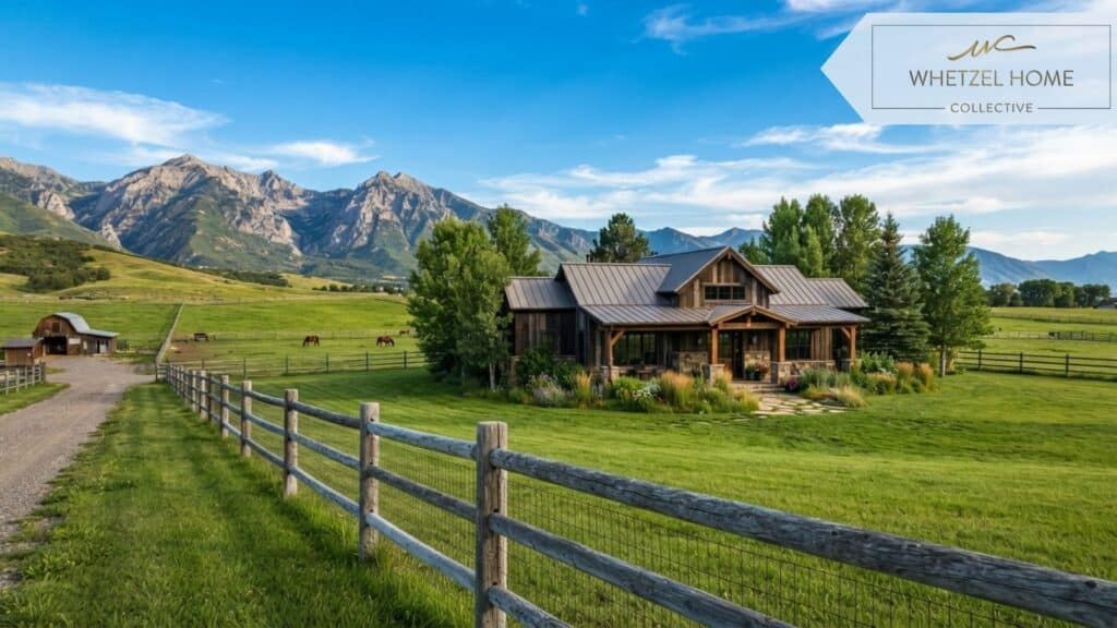 A photorealistic image of a rustic yet modern ranch home sitting on expansive green acreage with a classic wooden split-rail fence in the foreground. The sky is a wide-open, vibrant blue with wispy clouds, capturing the essence of rural Utah living. High resolution, vivid natural colors, cinematic lighting.