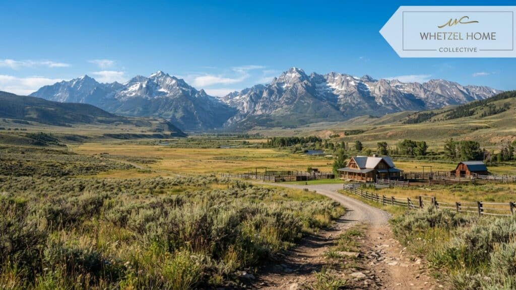 Panoramic view from a sprawling acreage property in a western mountain valley, showing vast open fields leading up to towering mountain peaks, clear blue sky, native sagebrush and grasses, natural sunlight, cinematic landscape photography, ultra-realistic, highly detailed.