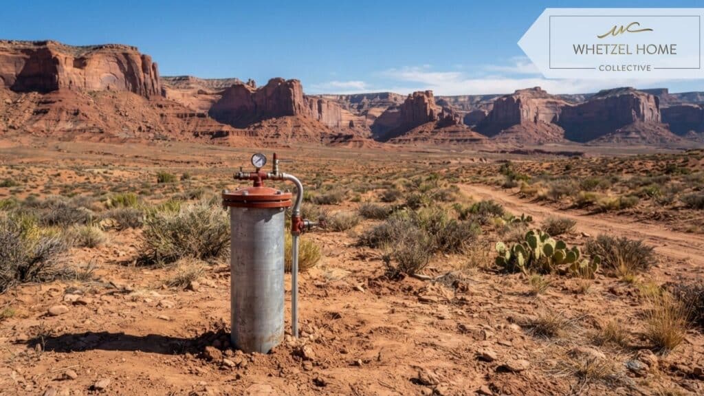 A photorealistic eye-level shot of a newly drilled private water well casing sticking out of rich desert soil, with a vast, majestic red rock canyon landscape in the background. The scene is brightly lit by midday sun with a clear blue sky. Professional real estate photography style, sharp focus, no text or logos.