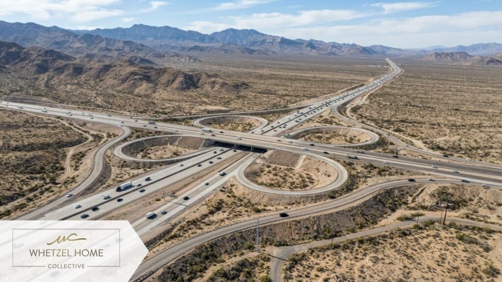 An aerial drone view of a clean, modern highway interchange situated in a vast desert valley, smooth flowing traffic without congestion, well-planned infrastructure, surrounded by arid vegetation and distant rugged mountains, photorealistic, 8k resolution.