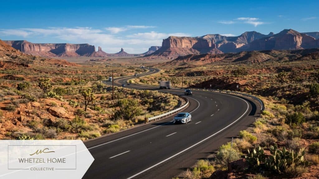 A modern asphalt highway curving smoothly through a stunning southwestern desert valley, surrounded by arid vegetation and distant mesas, symbolizing quick transit, clear day, hyper-realistic, cinematic lighting.
