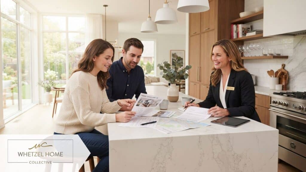 A modern couple sitting at a brightly lit kitchen island, looking thoughtfully at real estate documents with a professional real estate agent. Soft natural light streaming through large windows, warm and optimistic mood, high-end commercial photography style.