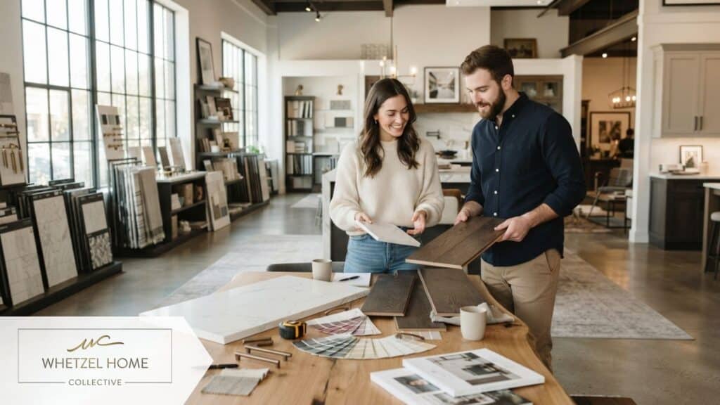 A professional interior shot of a modern design center. A young couple looking at material samples like quartz countertops, hardwood flooring, and paint swatches on a large wooden table. Soft natural light, high-end showroom atmosphere.