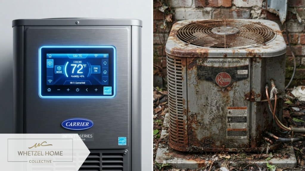 A split-screen comparison macro shot: on the left, a brand new modern energy-efficient HVAC unit with a glowing blue digital smart thermostat interface; on the right, an old weathered and rusty residential air conditioning unit. Hyper-detailed, crisp technical lighting, photorealistic.
