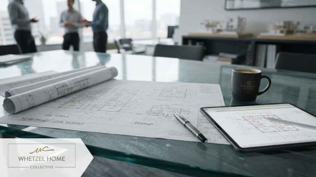 A close-up shot of a sleek modern glass conference table with rolled out architectural blueprints, a digital tablet displaying floor plans, and a premium metal pen lying next to a ceramic coffee mug, soft diffused natural office lighting, sharp focus, professional business aesthetic, photorealistic.
