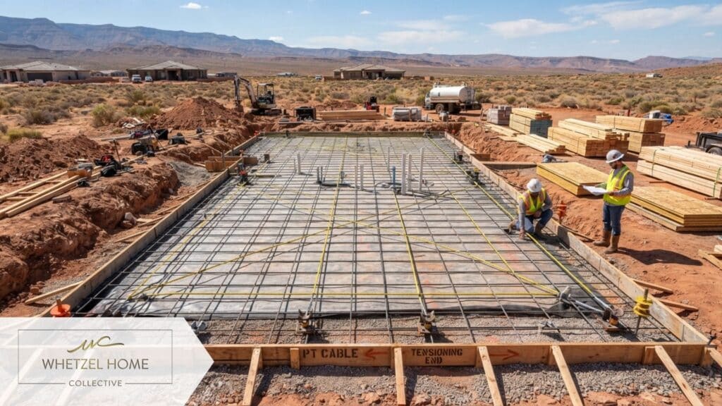 A highly detailed, photorealistic image of a residential construction site in a desert setting focusing on the foundation phase. The image shows a prepared concrete slab with a grid of thick steel post-tension cables laid out before the concrete is poured. Surrounding the foundation is dry red earth and construction framing lumber neatly stacked in the background. Industrial, precise, educational mood, bright daylight.