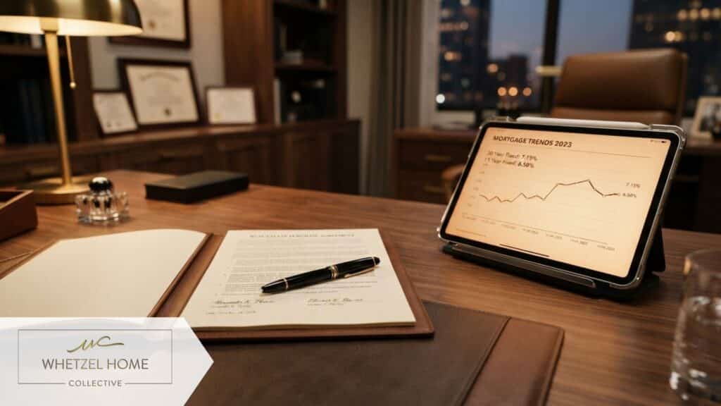 A professional desk setting with a real estate contract, a luxury pen, and a sleek tablet displaying a mortgage rate chart, soft warm indoor lighting, shallow depth of field, photorealistic style, high-end office aesthetic.