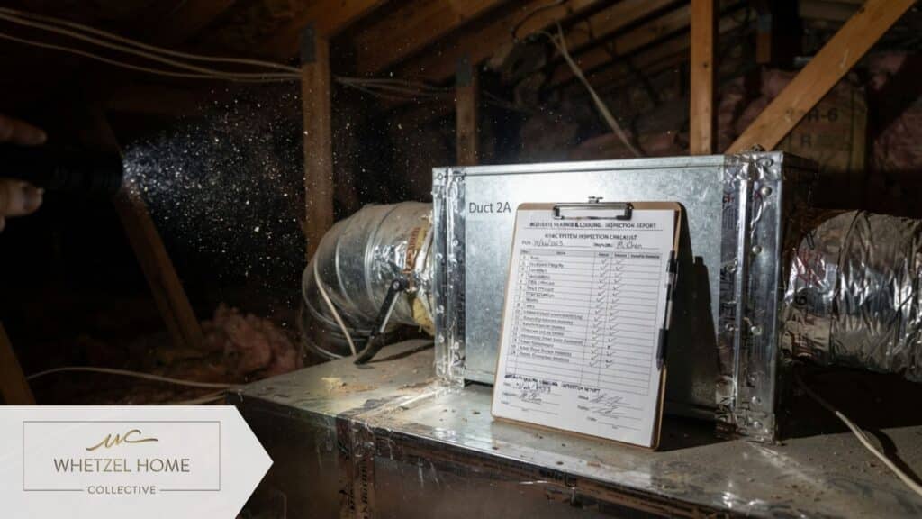 A highly detailed, photorealistic close-up of a silver HVAC ductwork system in an unfinished attic space. A professional clipboard with a comprehensive inspection checklist is resting against the metallic unit. Dust motes floating in the beam of a flashlight, dramatic and technical composition.