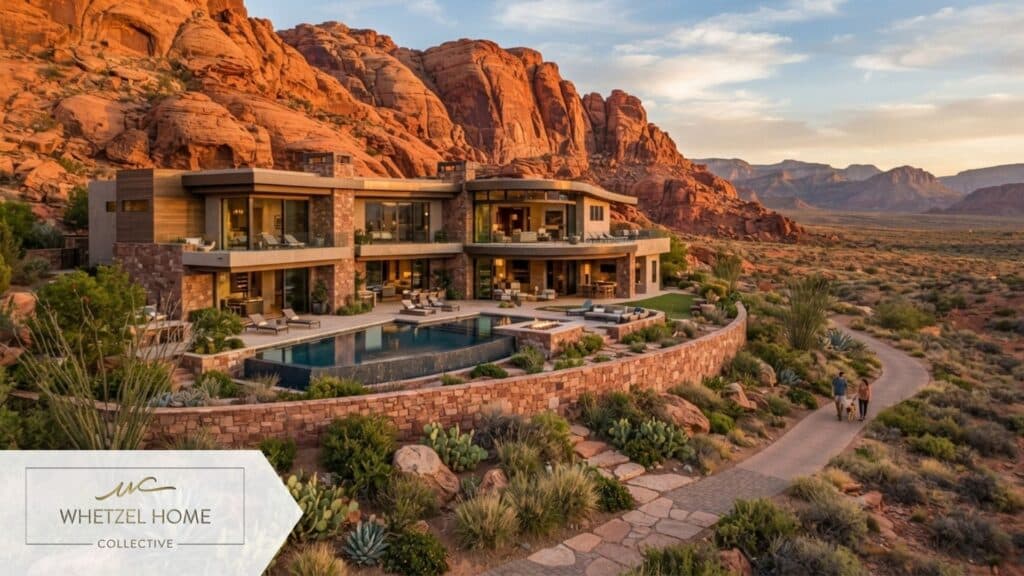 Modern desert homes built into natural red sandstone hills, seamless nature integration, paved hiking trail winding past the backyard, native drought-tolerant plants, high-end real estate photography, warm sunset lighting, highly detailed.