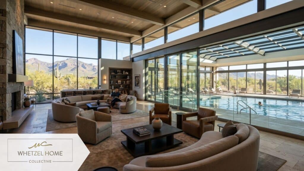 Luxurious community clubhouse interior, expansive floor-to-ceiling windows framing desert landscapes, modern comfortable lounge seating, indoor swimming pool visible in the background, elegant architectural design, photorealistic, architectural photography style, natural light