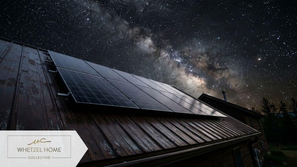 A close-up view of sleek, modern photovoltaic solar panels installed on a rustic standing-seam metal roof. The background features a brilliantly clear, starry night sky showcasing the Milky Way, illustrating the lack of light pollution, photorealistic, high contrast.