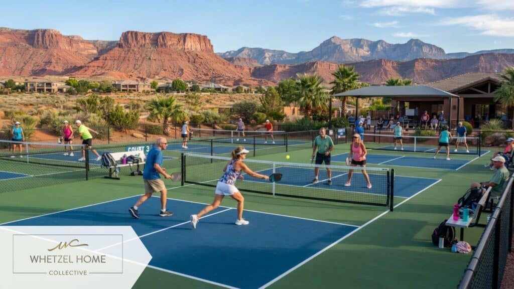 A lively outdoor pickleball court scene in a Southern Utah retirement community during a sunny afternoon, pristine blue and green courts, players with paddles in motion, red rock mesas in the background, photorealistic, vibrant colors, active lifestyle aesthetic.