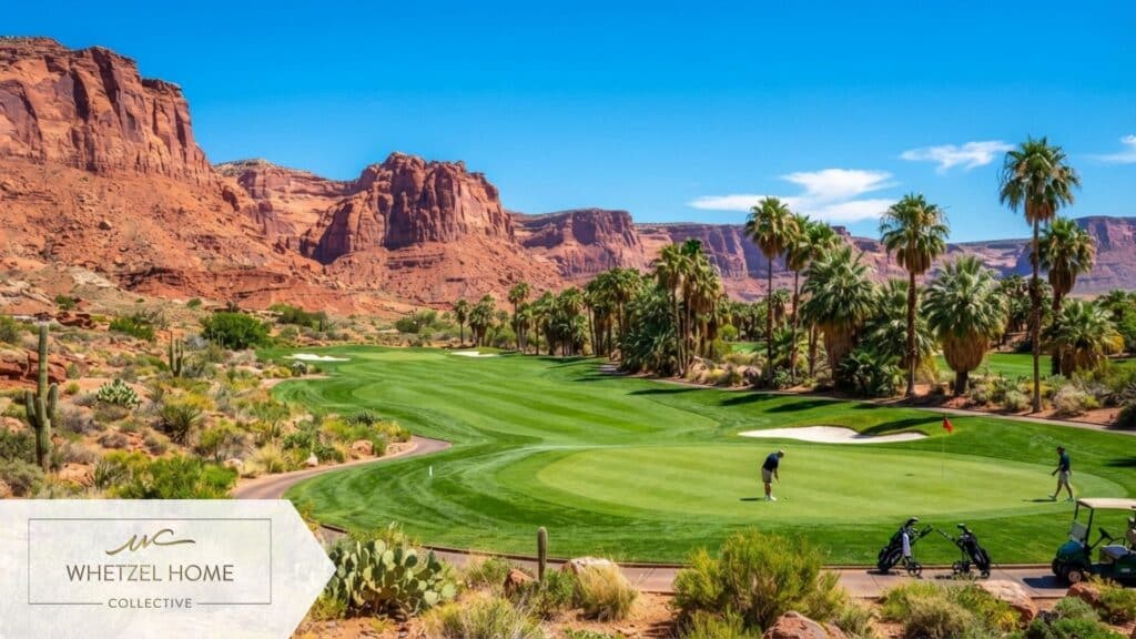 A vibrant desert golf course featuring perfectly manicured green fairways that contrast sharply against towering, majestic red sandstone cliffs, clear bright blue sky, tall desert palm trees in the background, photorealistic landscape photography, bright and sunny atmosphere.