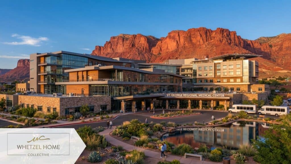 A high-quality architectural photograph of a modern, multi-story hospital and medical center in Southern Utah. The building features large glass facades and contemporary design, set against a stunning backdrop of vibrant red rock cliffs under a clear blue sky. Professional real estate photography style, vibrant colors, golden hour lighting.