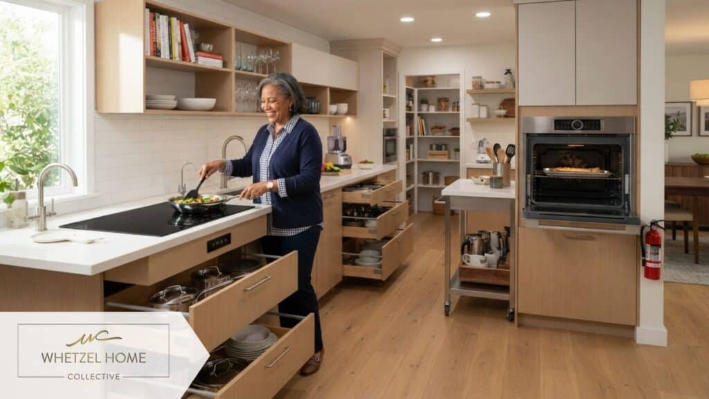 An accessible, ergonomic modern kitchen featuring multi-height countertops, an induction cooktop, wall-mounted oven at waist height, lower cabinets with pull-out drawer shelving, well-lit, contemporary design, photorealistic.