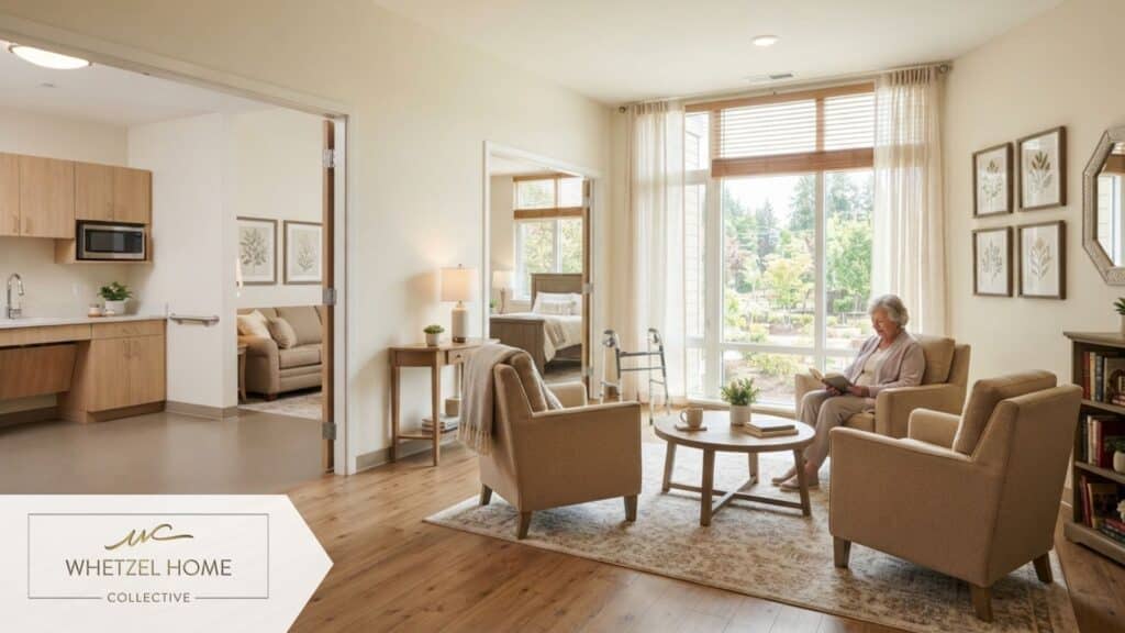 A bright, beautifully decorated modern assisted living apartment interior, featuring wide accessible doorways, a cozy sitting area with comfortable armchairs, large windows letting in abundant natural light, tasteful neutral decor with subtle warm tones, highly detailed photorealistic style.