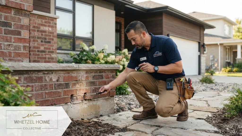 A bright, photorealistic image of a male home inspector wearing casual professional attire and a tool belt, examining the structural brickwork and foundation of a modern residential property exterior. Warm daylight, cinematic composition, high resolution, emphasis on property inspection and due diligence.