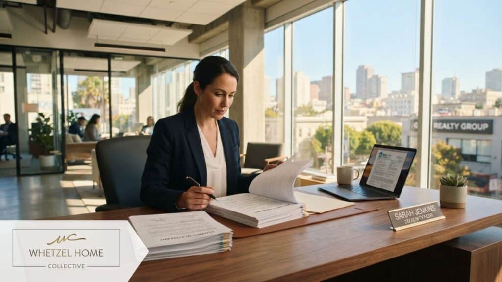 A bright, modern real estate office setting, an escrow officer reviewing closing documents on a sleek minimalist wooden desk, natural golden sunlight streaming through large floor-to-ceiling windows, photorealistic, professional mood.