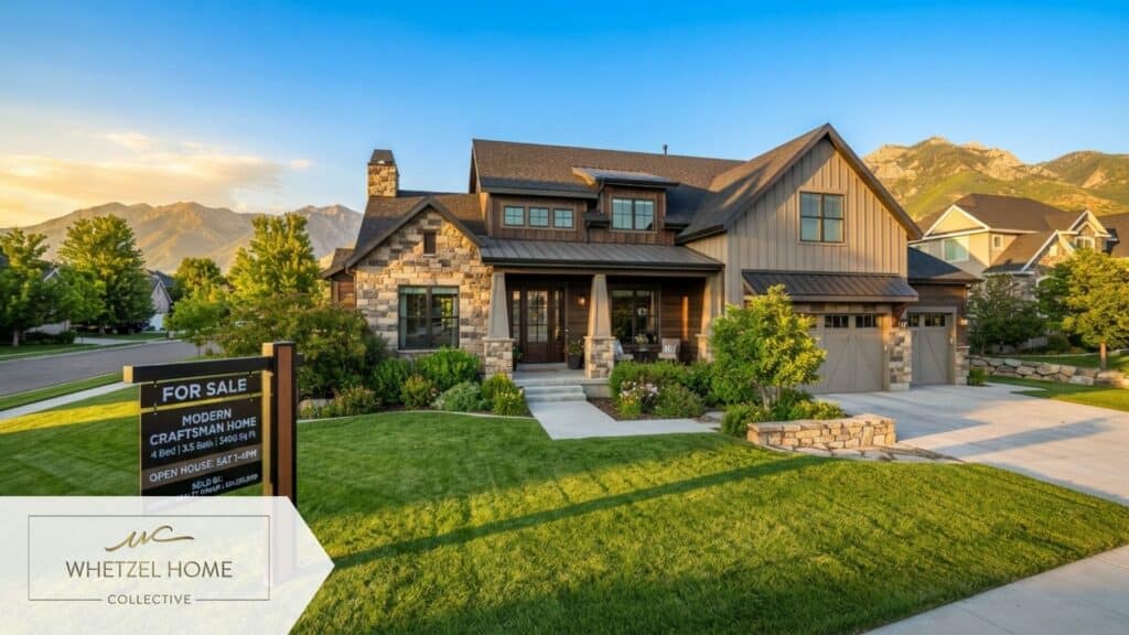 A high-quality architectural exterior shot of a beautiful, modern craftsman-style home in a bright suburban Utah neighborhood. The home features stone accents and a manicured lawn. In the foreground, a sleek, modern 'For Sale' sign post stands on the grass. Golden hour lighting casting long, elegant shadows, vibrant blue sky, photorealistic and highly detailed.