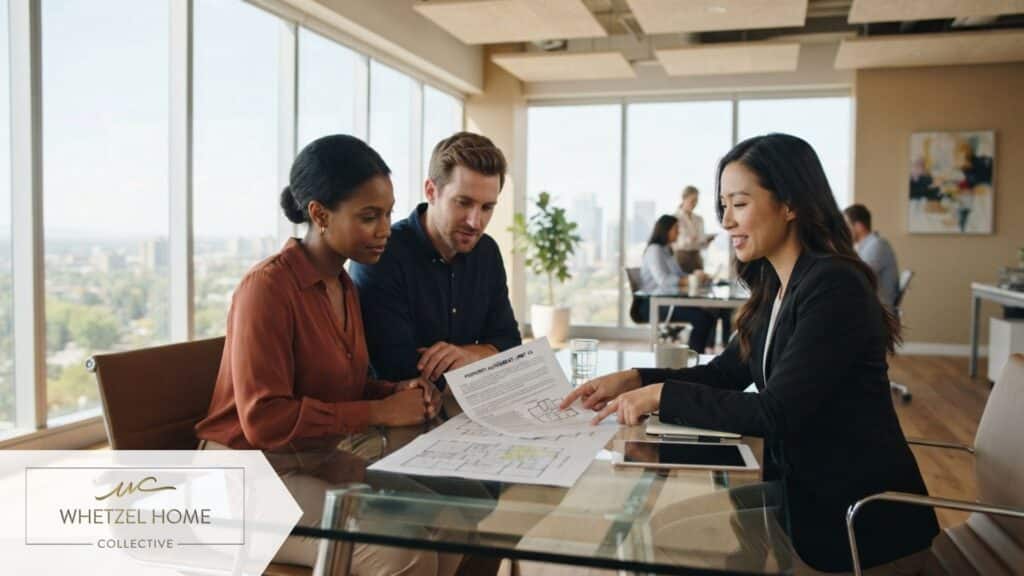 A diverse couple sitting across from a professional real estate agent at a modern glass conference table, looking attentively at a printed document, bright sunny office interior with large windows, contemporary minimalist furniture, expressions of focus and understanding, photorealistic style, warm color palette.