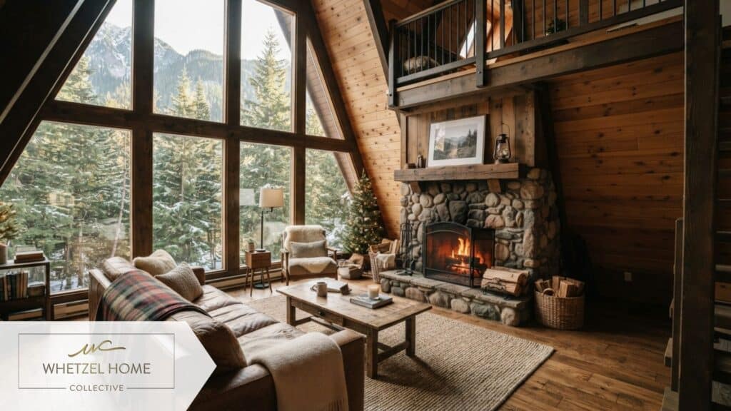 A cozy modern A-frame mountain cabin interior, featuring large floor-to-ceiling windows looking out into a dense alpine forest. A stone fireplace with a crackling fire, comfortable rustic furnishings, natural sunlight streaming in, photorealistic style, architectural interior photography.