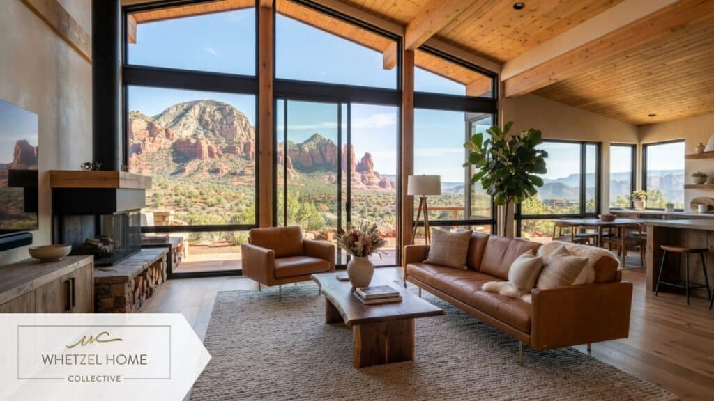A modern rustic living room interior with large floor-to-ceiling windows framing a spectacular view of towering red rock mountains, minimalist leather furniture, natural wood architectural accents, bright and airy natural lighting, photorealistic.