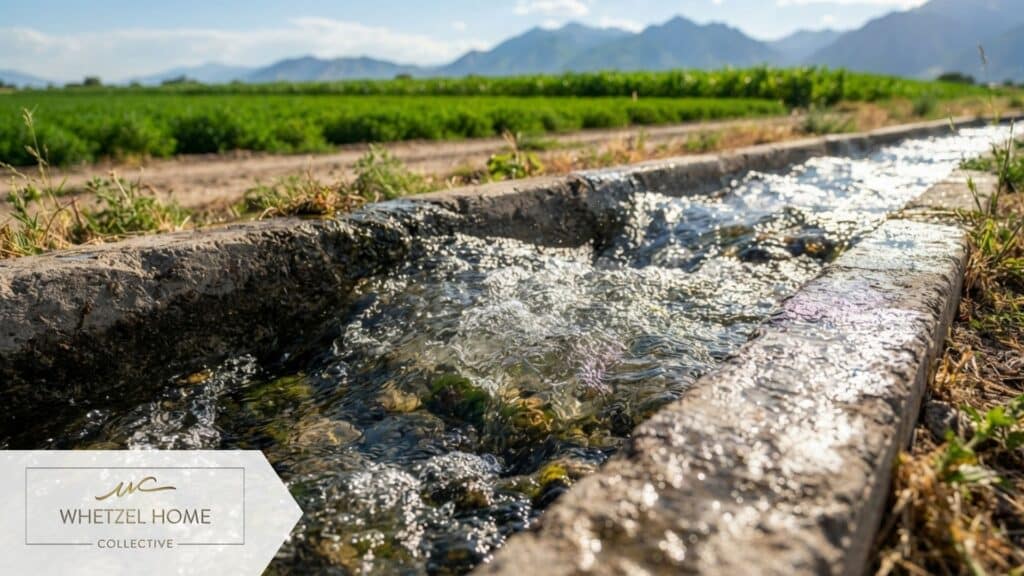 A close-up, high-detail photorealistic shot of clear, fresh water flowing rapidly through a concrete agricultural irrigation canal in a rural farm setting. The sunlight glints off the surface of the water, with vibrant green crops blurred in the background, symbolizing the lifeblood of Utah water rights.