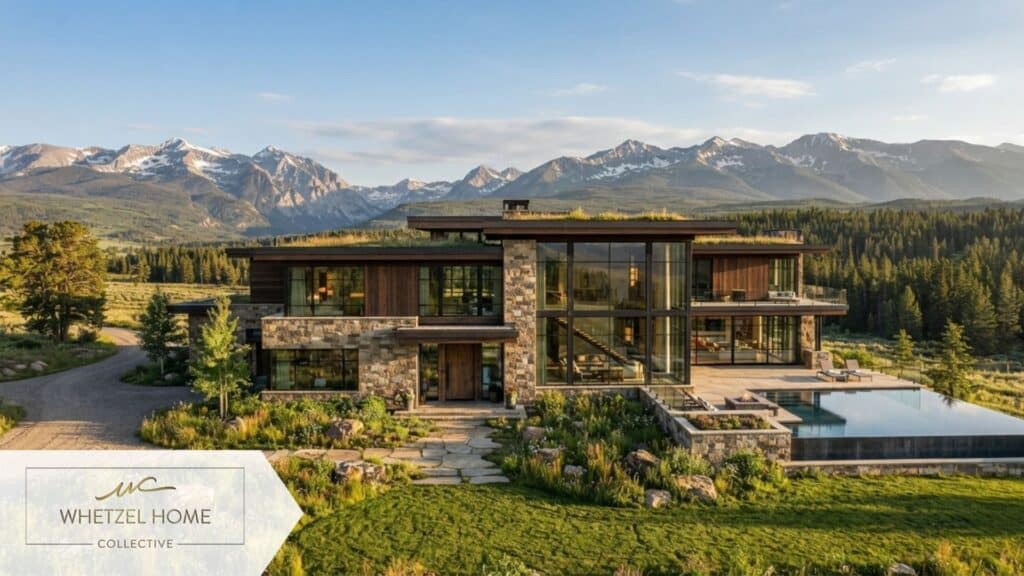 Architectural visualization of a modern mountain estate on a large rural plot of land, featuring large floor-to-ceiling windows reflecting the surrounding mountain views, natural wood and stone exterior materials, well-maintained landscaping blending with the natural terrain, warm afternoon light.