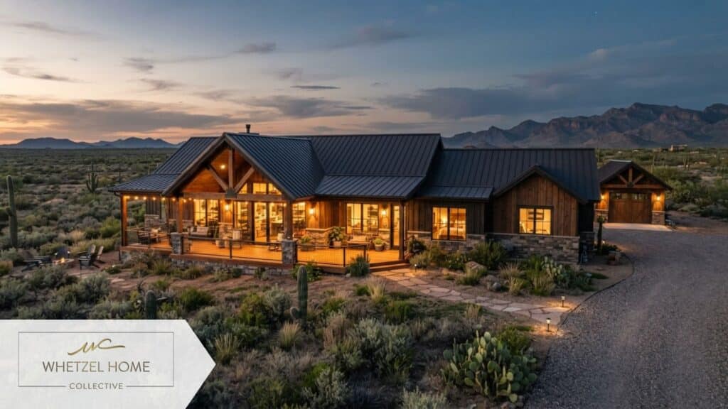 A sprawling single-story modern rural ranch home with a wrap-around porch and a dark metal roof, sitting on a large open desert lot, warm glowing lights from the windows at dusk, photorealistic, serene atmosphere.